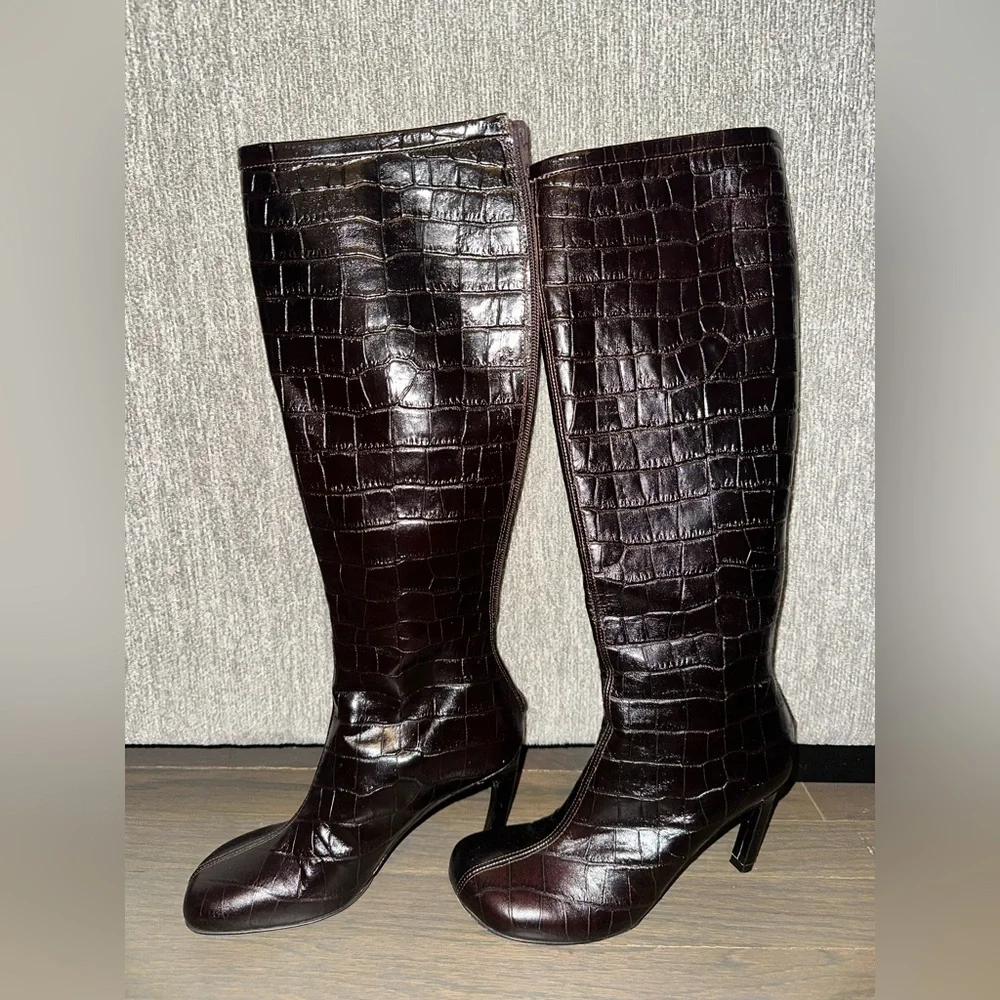 $1250 Dries Van Noten Brown Leather Croc Embossed Knee High Boots - Picture 3 of 9